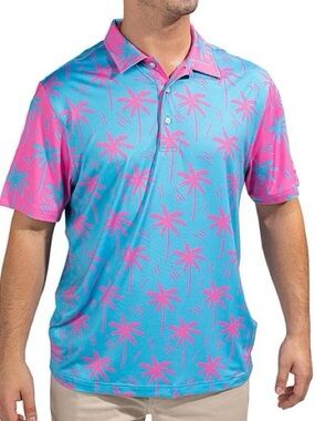 Chubbies Performance Polo Golf The Electric Slide Tropical Palm Pink Blue Medium